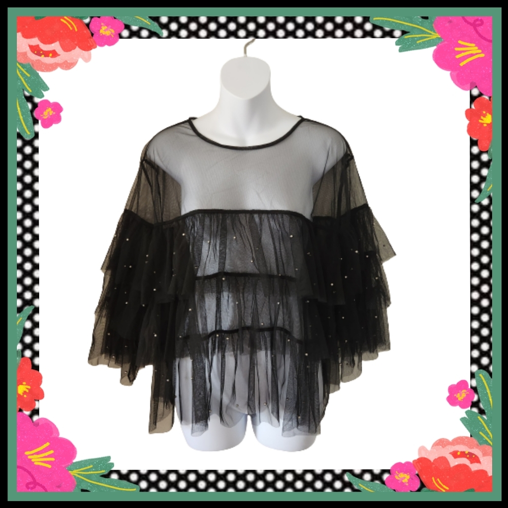 UNIQUE ☆ BLACK ☆ METAL BEADED ☆ TIERED TULLE TOP ☆ NWT